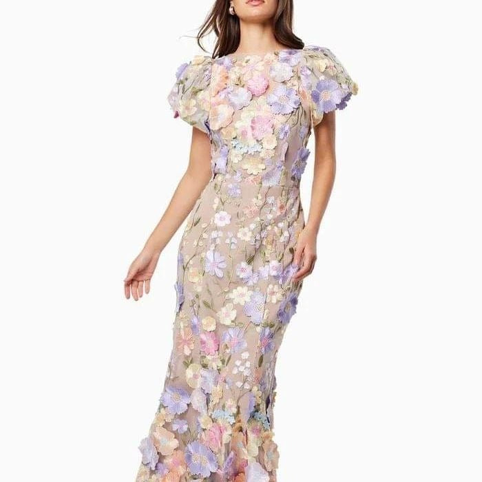 Women's Floral Dress with 3D Flower Appliqués