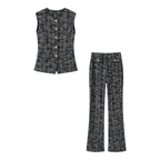 Women's Elegant Plaid Trousers with Slim Cut and Decorative Buttons