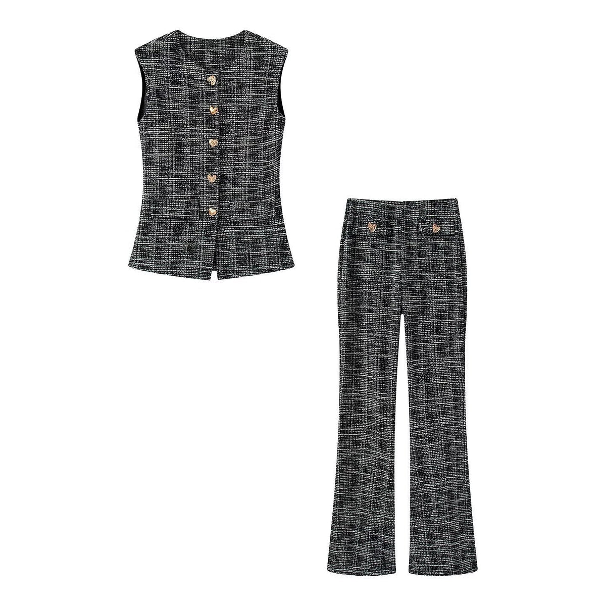 Women's Elegant Plaid Trousers with Slim Cut and Decorative Buttons