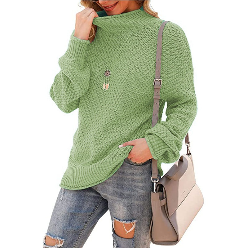 Women's Chunky Knit Sweater with High Collar and Textured Surface