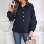 Women's Long-Sleeve Blouse with Fine Ribbed Texture and Classic Shirt Collar