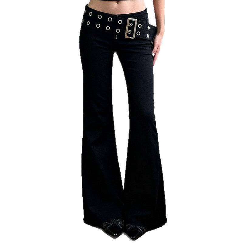 Women's Flared Jeans with Adjustable Belt and Cut-Out Design