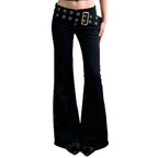 Women's Flared Jeans with Adjustable Belt and Cut-Out Design