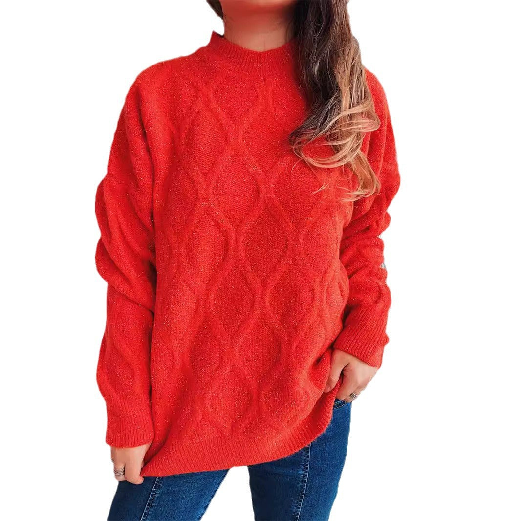 Women's Chunky Knit Sweater with Diamond Pattern and Voluminous Sleeves