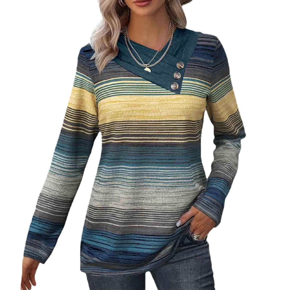 Women's Elegant Long-Sleeve Shirt with Modern Stripe Pattern and Button Details