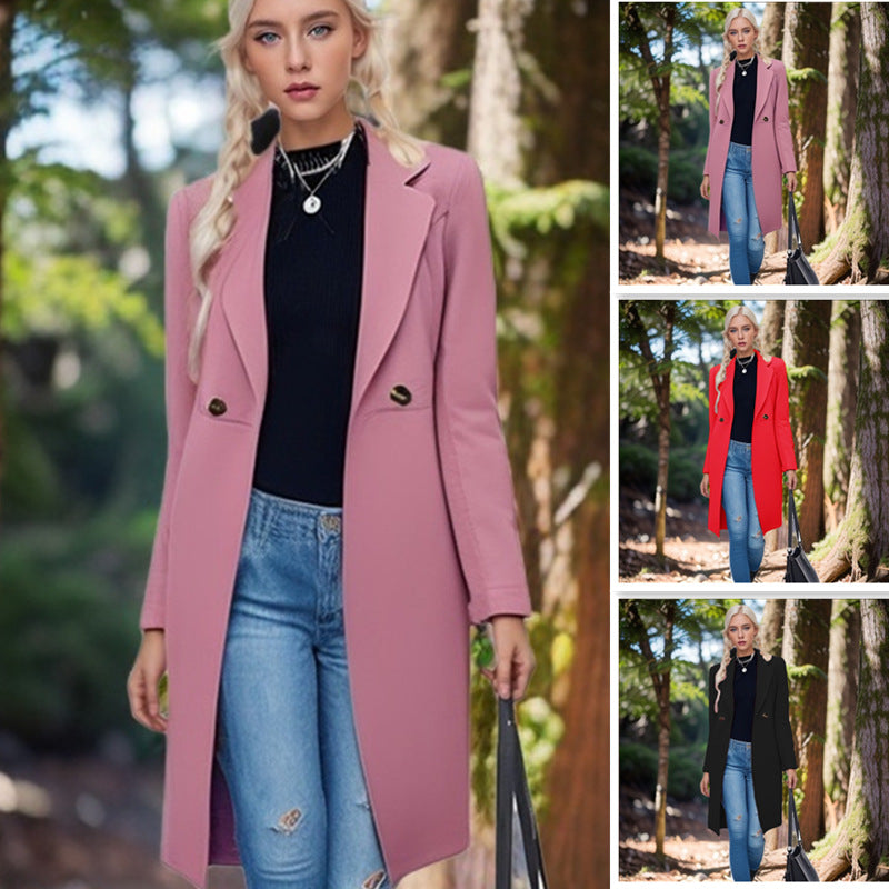 Women's Classic Long Coat with Double-Breasted Button Placket