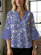 Women's Blouse Shirt with Voluminous Sleeves and Creative Print Design