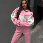 Women's athleisure two-piece made of heavy neoprene fleece with geometric dividing seams and high waist