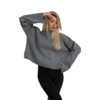Women's Cropped Knit Sweater with Voluminous Sleeves and Crew Neck