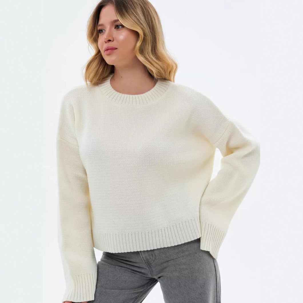 Women's Cozy Cropped Sweater with Relaxed Balloon Sleeves and Ribbed Texture