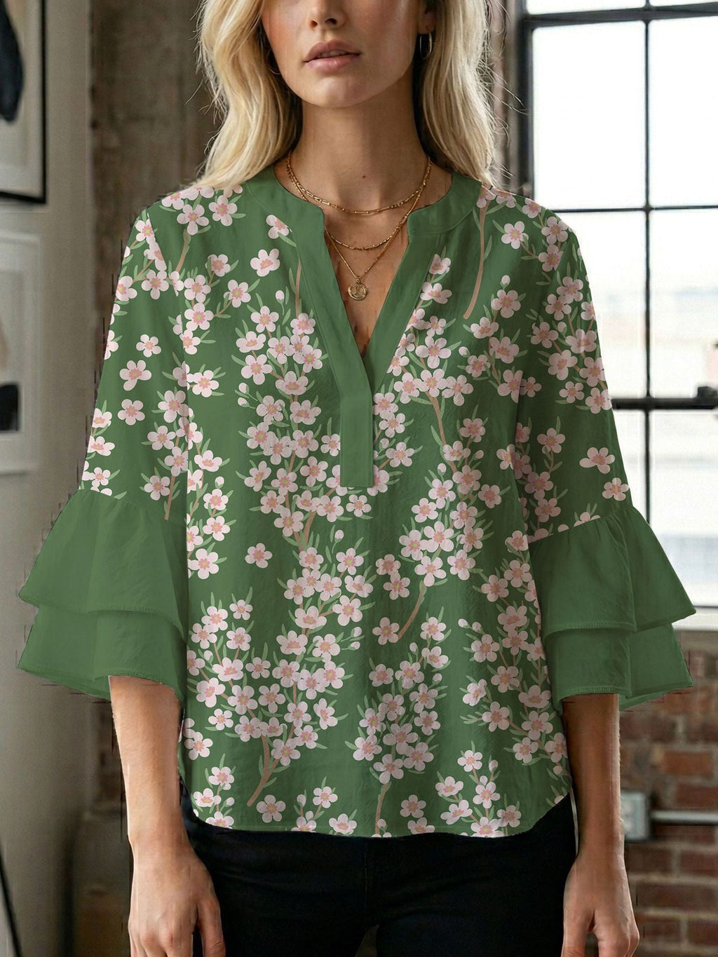 Women's Blouse Shirt with Voluminous Sleeves and Creative Print Design