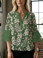 Women's Blouse Shirt with Voluminous Sleeves and Creative Print Design