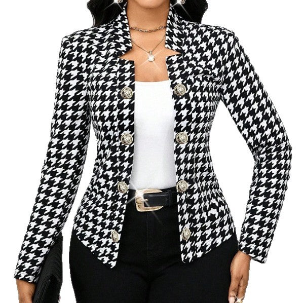 Women's Elegant Houndstooth Blazer with Shiny Buttons