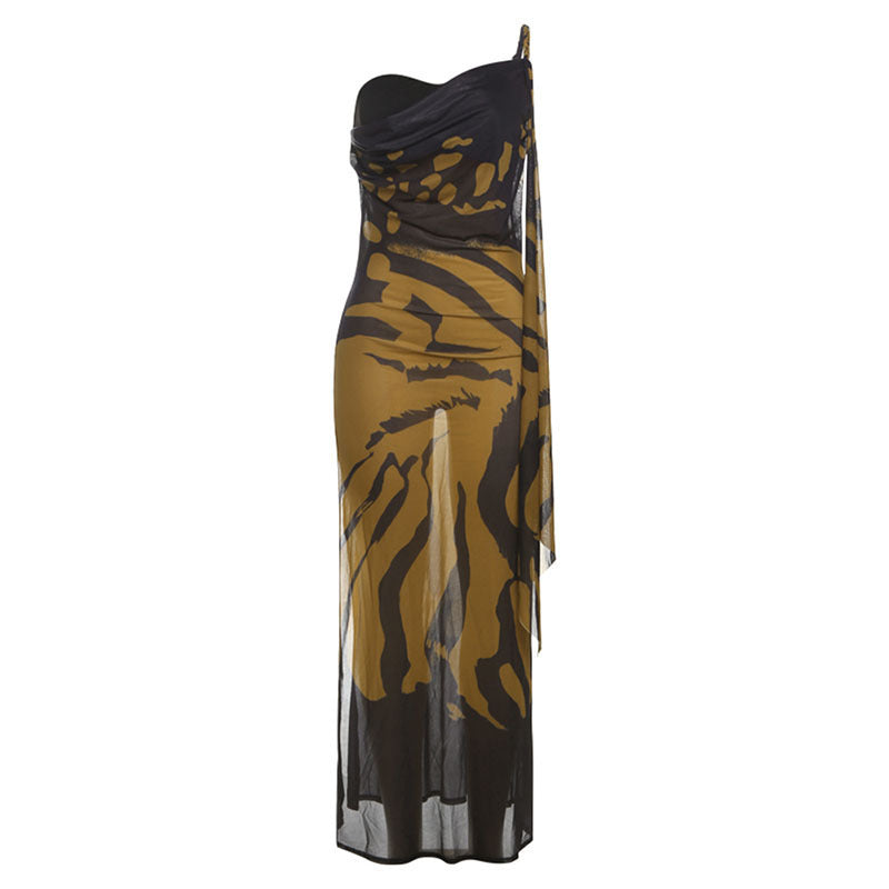Elegant Sleeveless Maxi Dress with Asymmetrical Cut and Animal Print