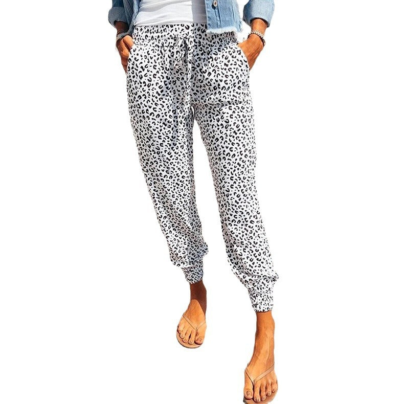 Women's Elegant Casual Trousers with Elastic Waist and Animal Print