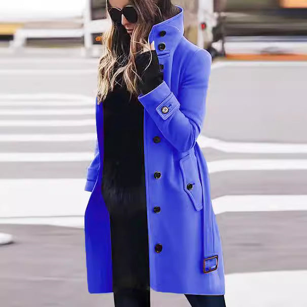 Women's Elegant Trench Coat with High Collar and Practical Pockets