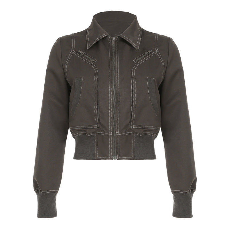 Women's Cropped Jacket with Zipper and Pockets