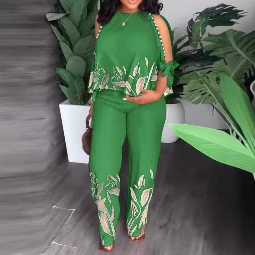 Women's Summer Outfit with Floral Design and Off-Shoulder Top