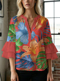 Women's Floral Top with Voluminous Ruffled Sleeves