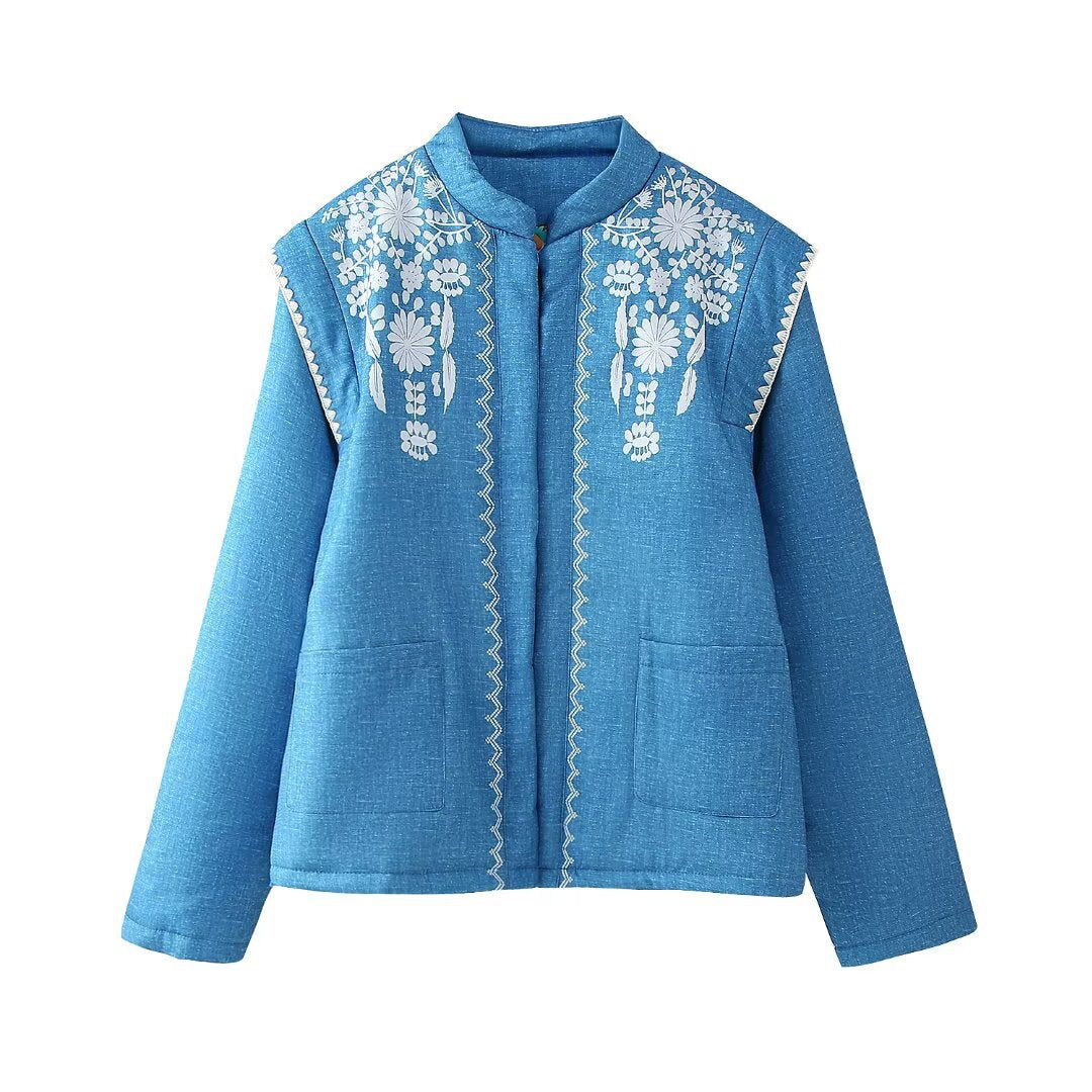 Women's Embroidered Blouson Jacket with Lightweight Cotton Material and Practical Pockets