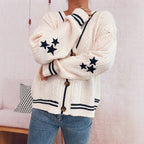 Women's Cozy Cardigan with Star Appliqués and Modern Details