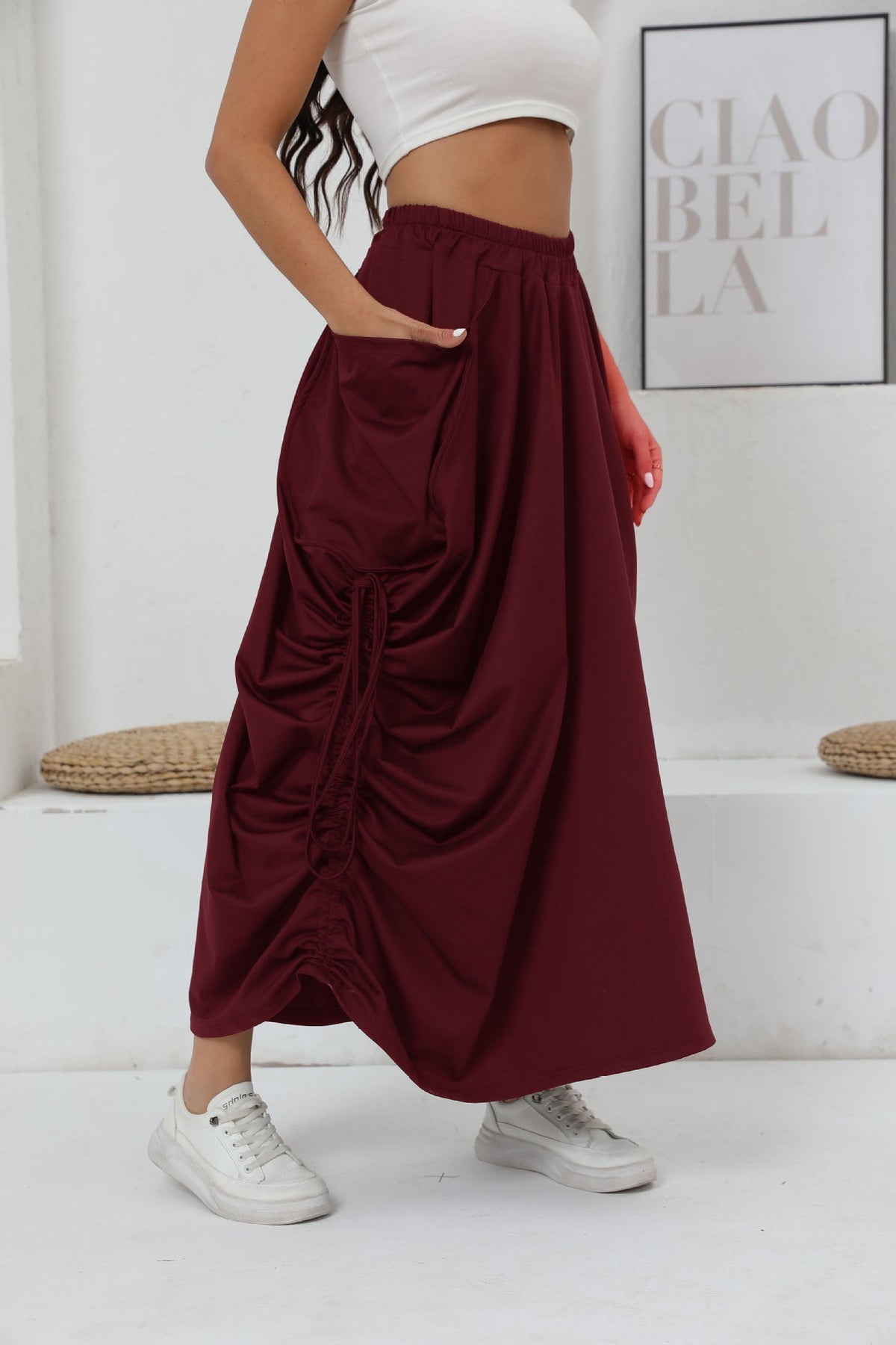 Women's Maxi Skirt with Side Ruching and Pockets