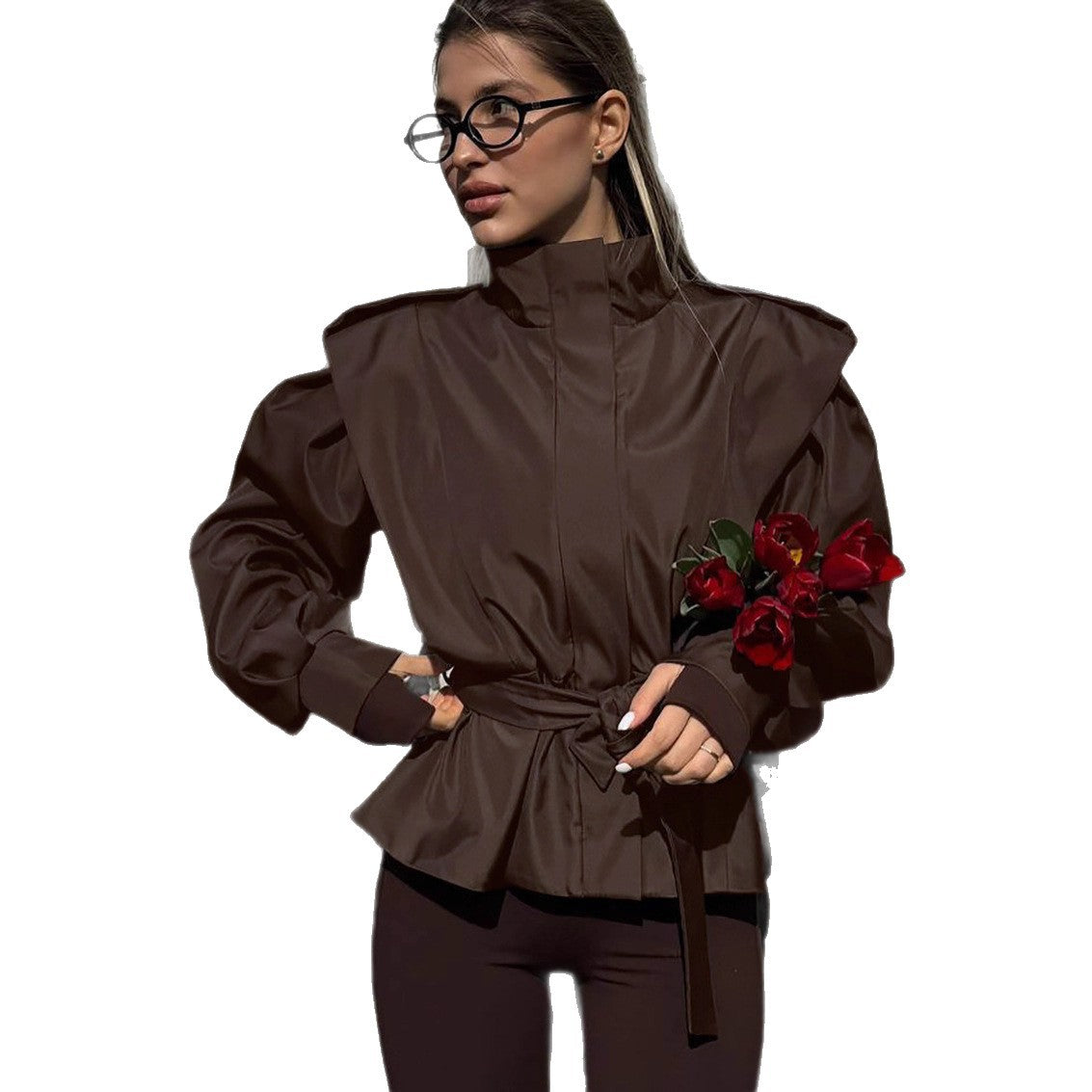 Women's Elegant Utility Jacket with High Collar and Waist Belt