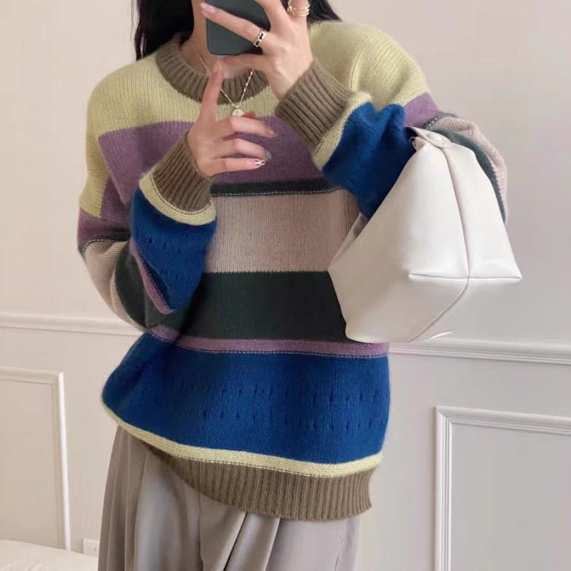 Women's Coarsely Knitted Sweater with Casual Stripes