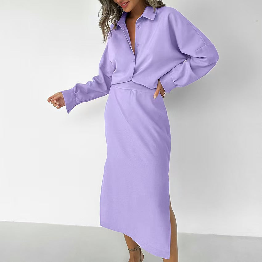 Elegant Long-Sleeve Shirt with Matching Maxi Skirt