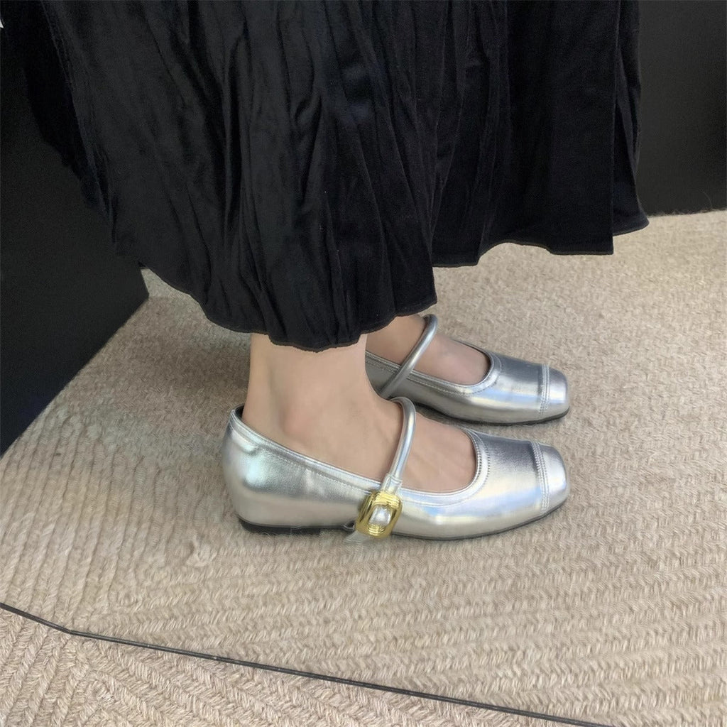 Women's Ballet Flats with Elegant Buckle and Metallic Surface
