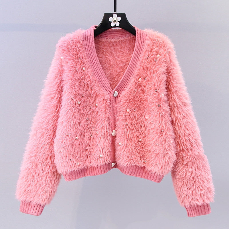 Women's Fluffy Cropped Cardigan with Subtle Button Details