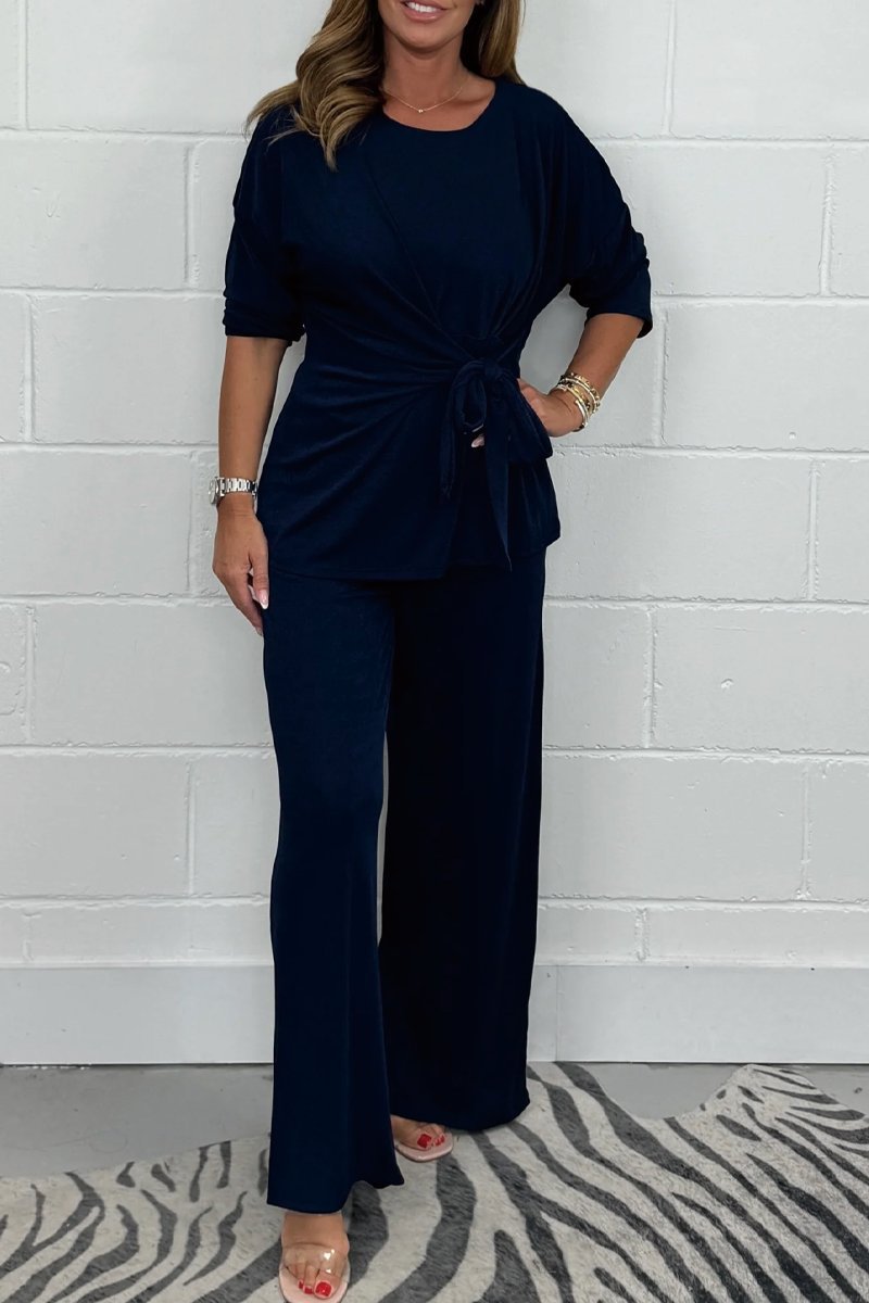 Women's Casual Lounge Set with Knot Detail and Wide-Leg Cut