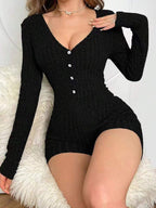 Women's Form-Fitting Jumpsuit with Deep V-Neck and Button Details