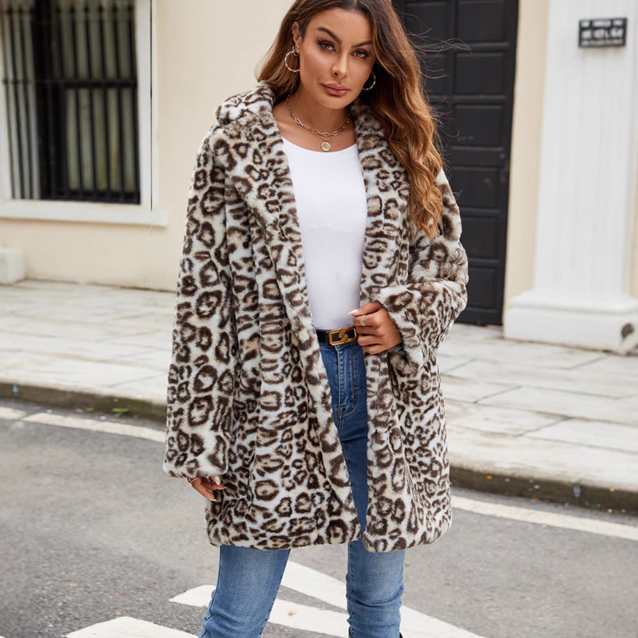 Elegant Leopard Print Faux Fur Coat