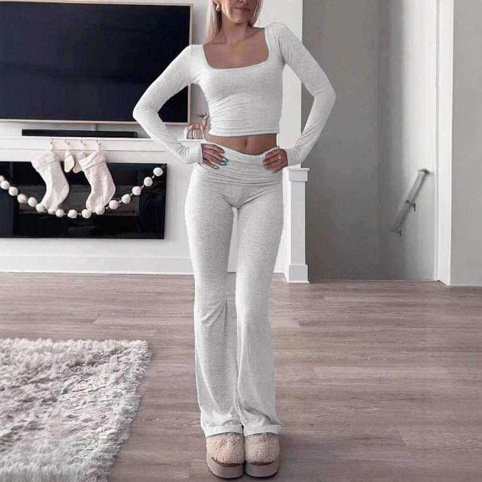 Women's Casual Long-Sleeve Lounge Set with Flared Pants