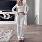 Women's Casual Long-Sleeve Lounge Set with Flared Pants