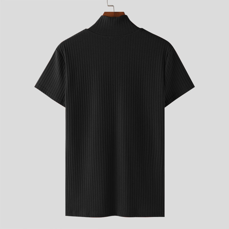 Women's Short-Sleeve Shirt with V-Neck and Textured Ribbed Pattern