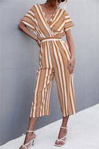 Elegant V-Neck Jumpsuit with Wide Sleeves and Striped Design