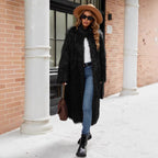 Women's Long Faux Fur Coat with Stand-Up Collar and Pockets