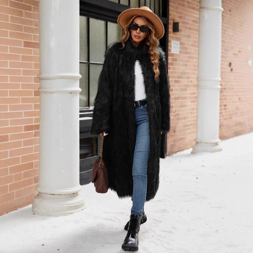 Women's Long Faux Fur Coat with Stand-Up Collar and Pockets