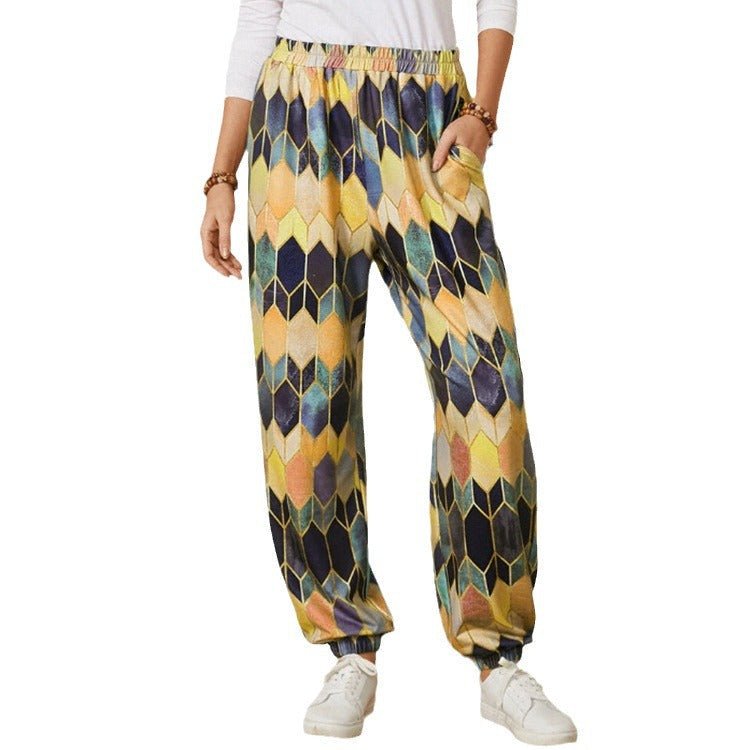Women's Casual Pants with Modern Geometric Pattern and Elastic Waistband