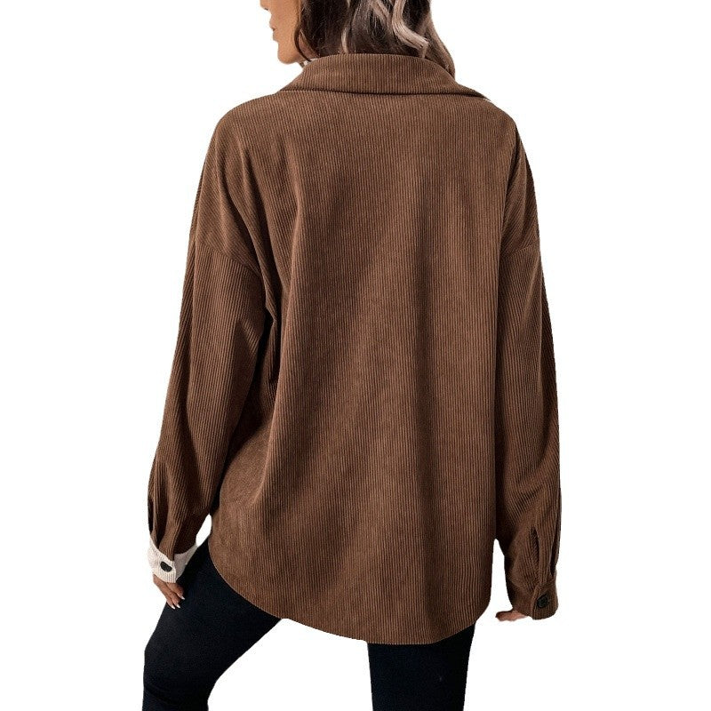 Women's Corduroy Blouse with Color-Block Design
