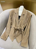 Women's Elegant Faux Leather Jacket with Ruffle Details