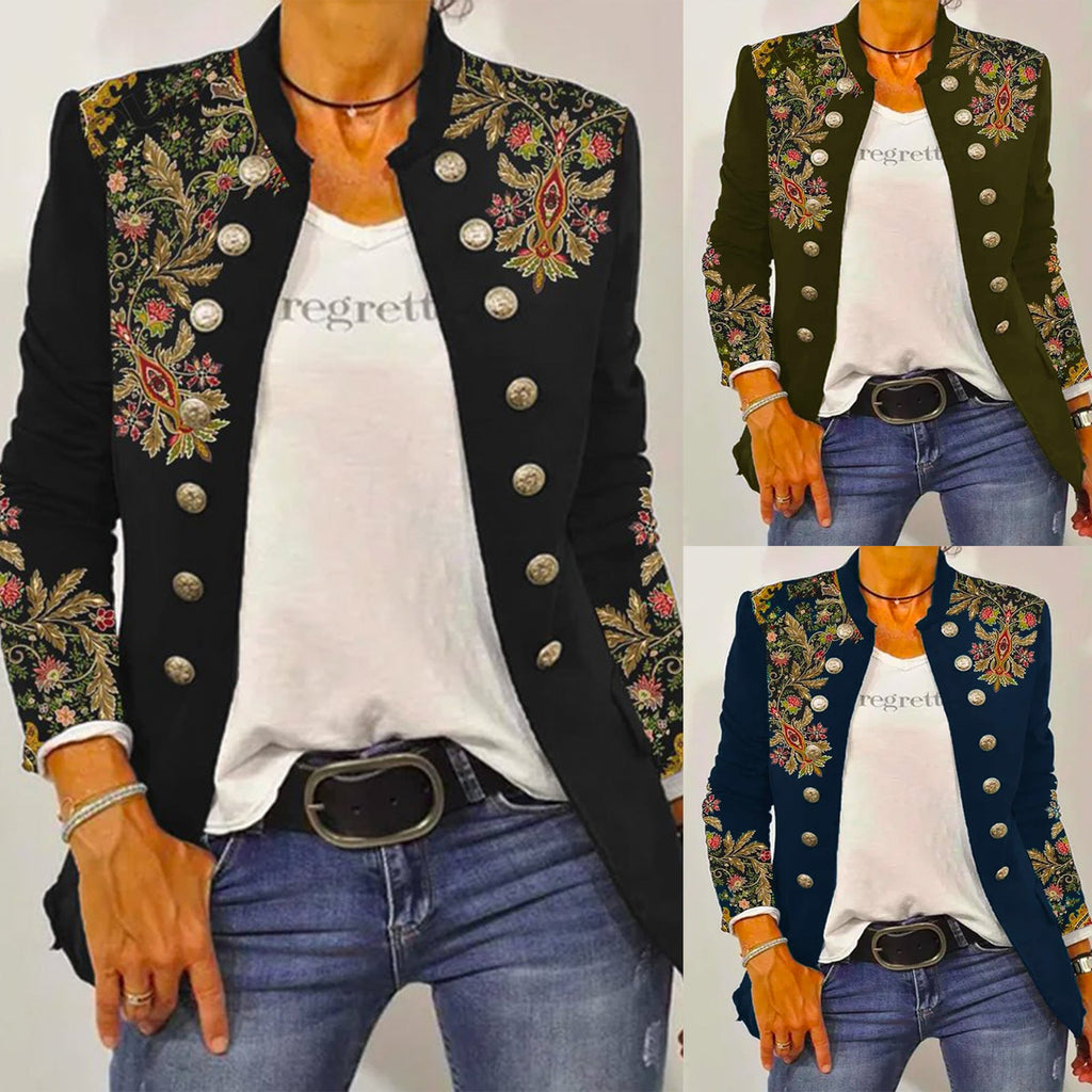 Elegant Floral Embroidered Blazer Jacket with Contrast Buttons