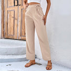 Women's Comfortable High-Waist Pants with Drawstring and Wide Cut