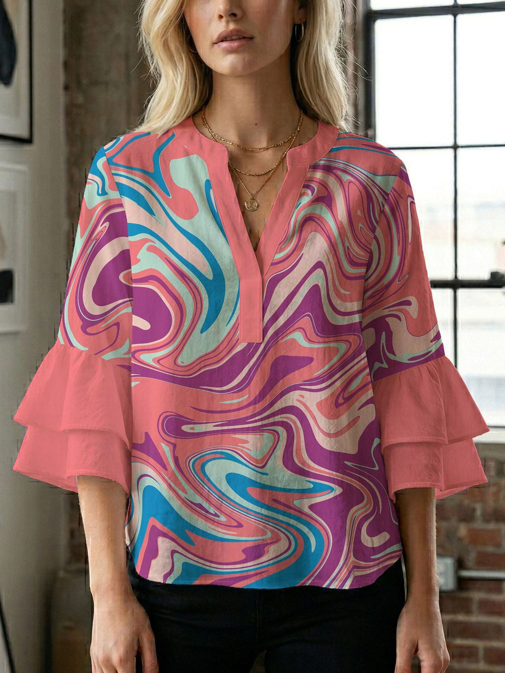 Women's Blouse with Voluminous Flutter Sleeves and Leaf Print