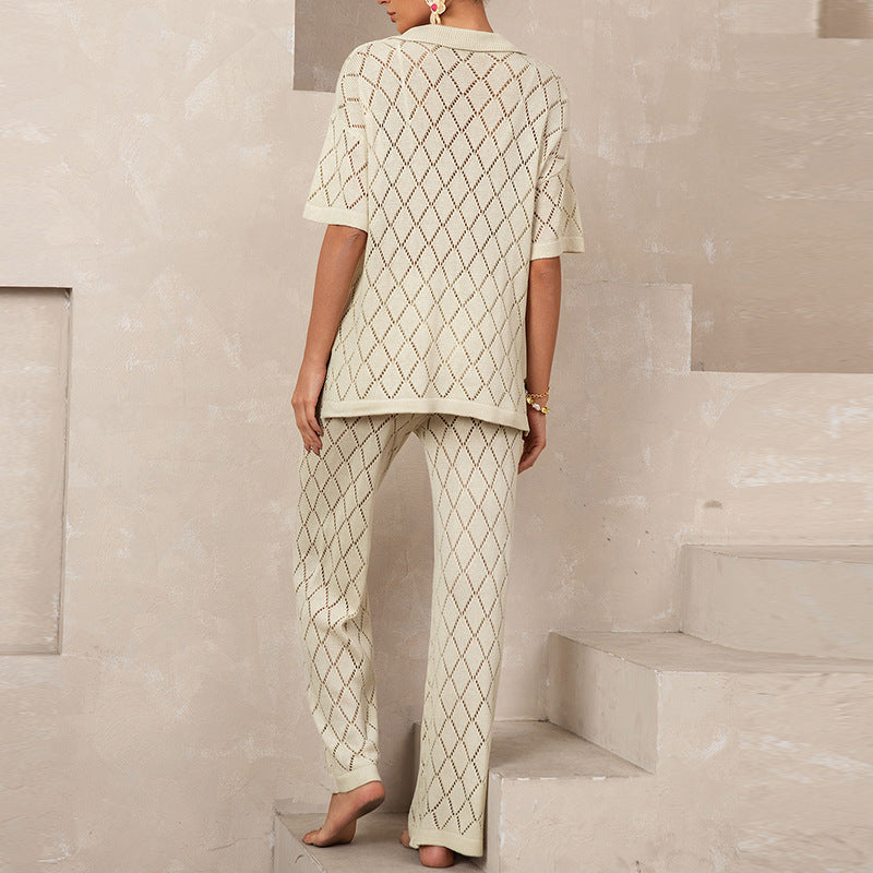 Elegant Knit Suit with Diamond Pattern