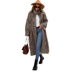 Women's Long Faux Fur Coat with Stand-Up Collar and Pockets