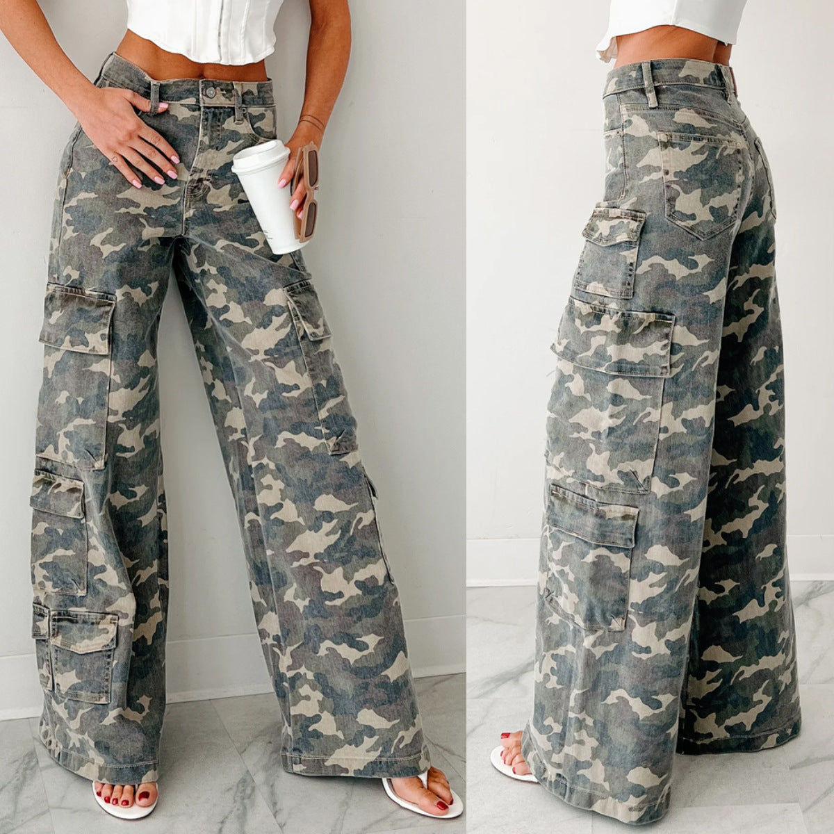 Women's Wide-Leg Cargo Pants with Pockets