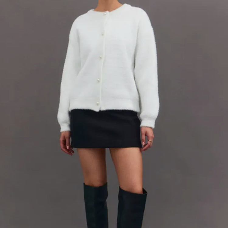 Women's Fuzzy Cardigan with Decorative Pearl Buttons